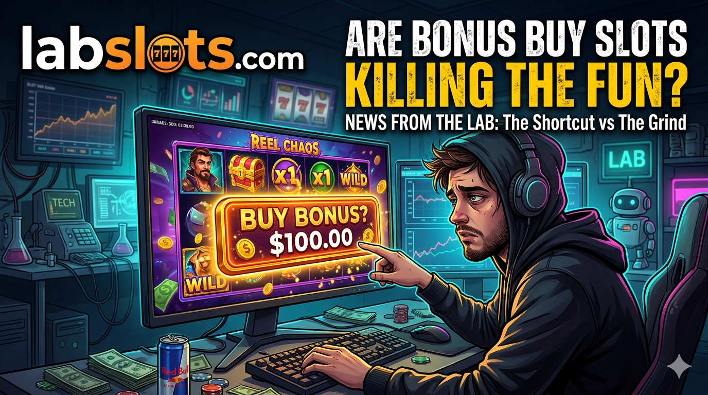 A digital illustration of a gamer in a high-tech "lab" setting, pointing at a glowing "Buy Bonus $100" button on a slot machine monitor. The image features labslots.com branding and the headline "Are Bonus Buy Slots Killing the Fun?"