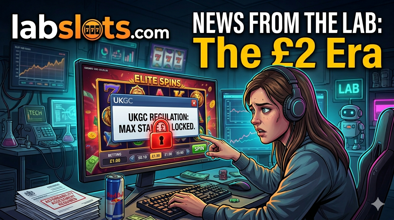 A digital illustration of a UK online casino player in a futuristic lab setting looking frustrated as a slot machine monitor displays a large '£2 MAX STAKE LOCKED' regulatory message. Financial assessment papers are visible on the desk, branding labslots.com as a news source.