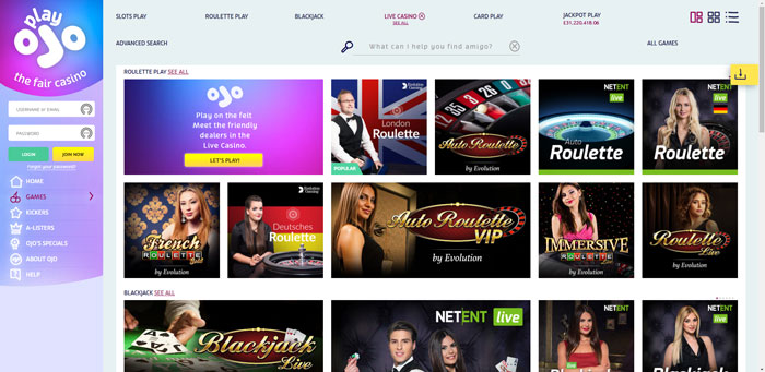 live casino games at OJO